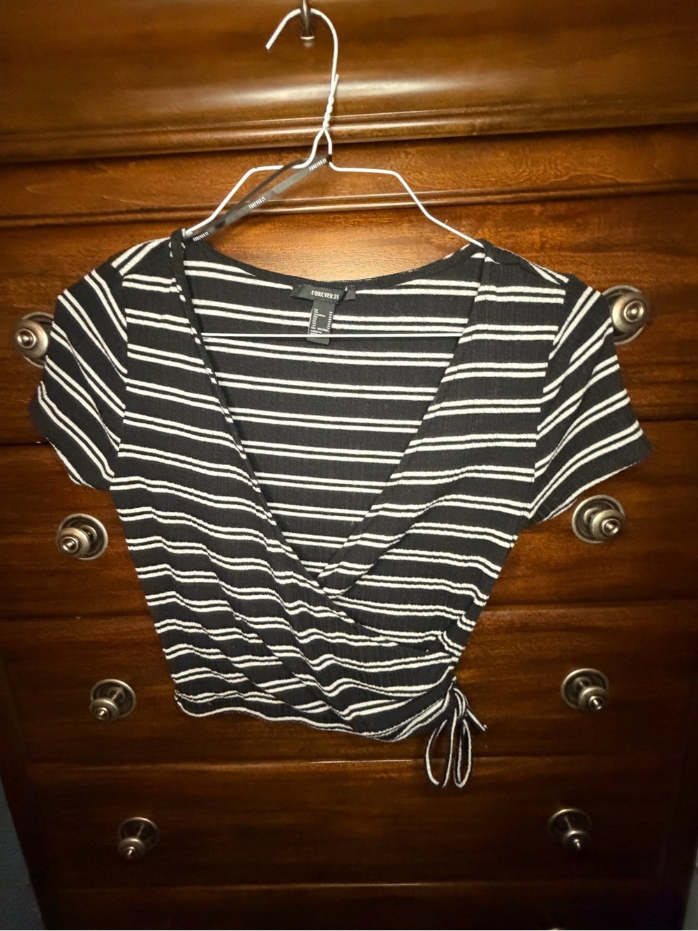 Forever 21 Black & White Striped Wrap Crop Top with Side Tie